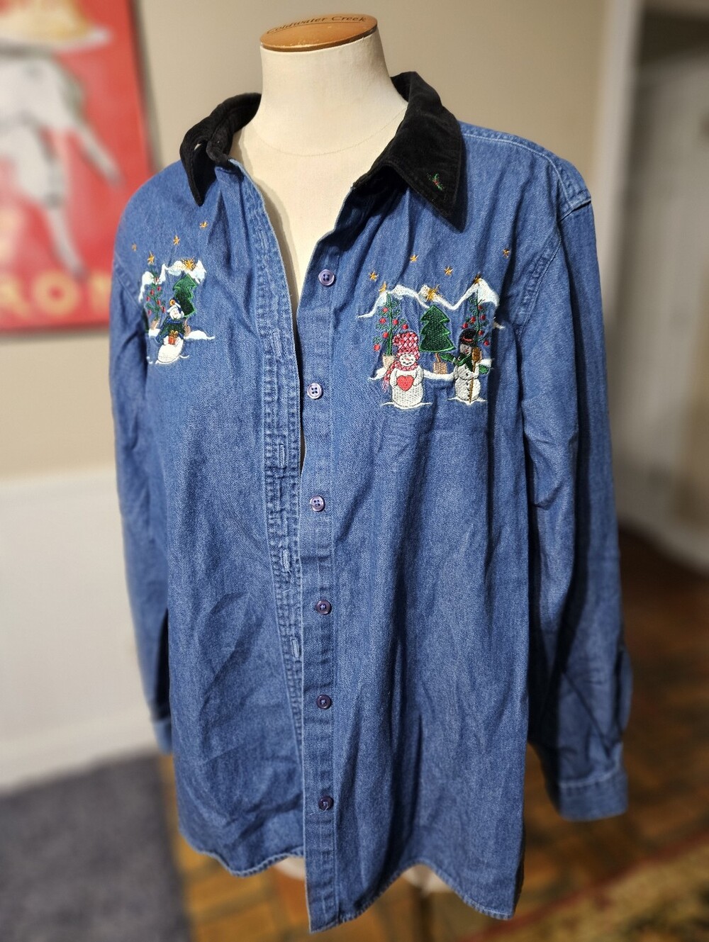 VTG 90s Basic Editions Denim Christmas Shirt Jacket Large